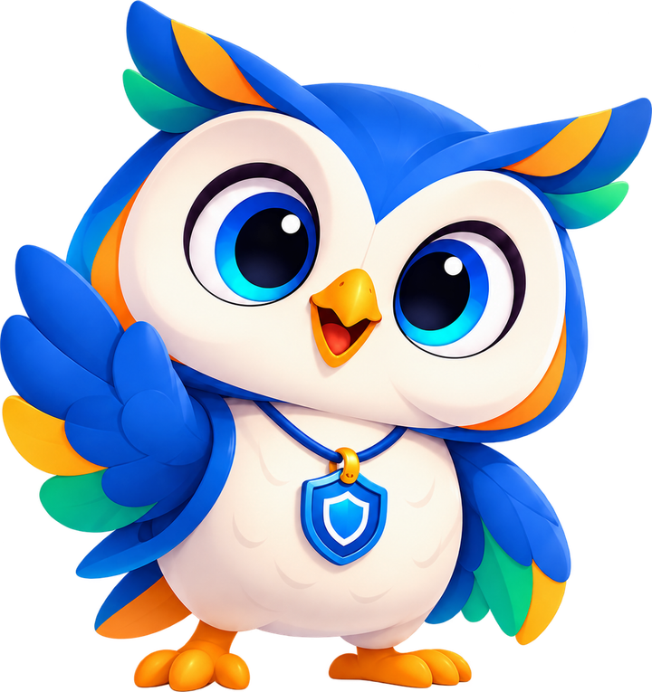 Iris, the Security in China owl mascot, waving with one wing